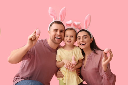 Happy family in bunny ears holding Easter eggs on pink background