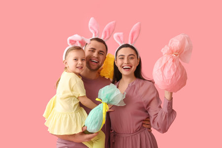 Happy family in bunny ears holding Easter gifts on pink backgroundの写真素材