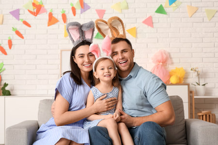 Happy family in Easter bunny ears sitting on sofa at homeの写真素材