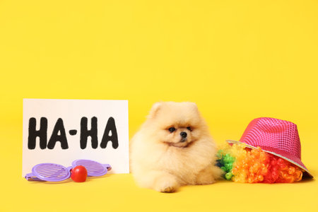 Cute Pomeranian Spitz dog, card with text HA-HA and funny disguise for April Fools day celebration on yellow backgroundの写真素材