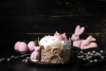 Board with sweet Easter cake, eggs, toys bunnies and willow branches on black table