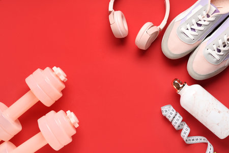 Frame made of dumbbells, shoes, headphones and water on red backgroundの写真素材