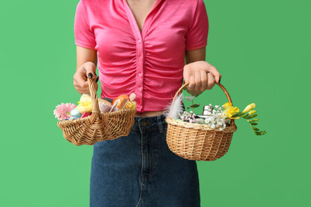 Young woman holding wicker Easter baskets with cosmetics on green backgroundの写真素材
