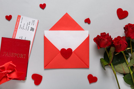 Envelope with blank card, passport, roses and hearts on light background. Valentine's Day celebrationの写真素材