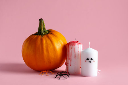 Composition with different candles, pumpkin and spiders for Halloween celebration on pink backgroundの写真素材