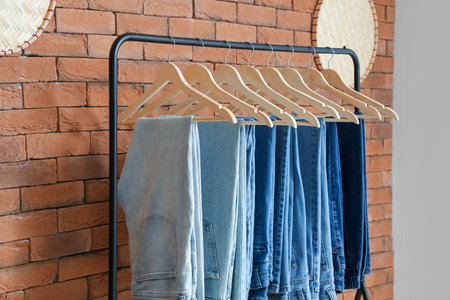 Rack with different jeans near brick wall