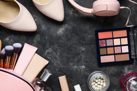 Frame made of cosmetics, female shoes and headphones on grunge backgroundの写真素材