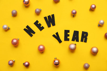 Text NEW YEAR with Christmas balls on yellow backgroundの写真素材