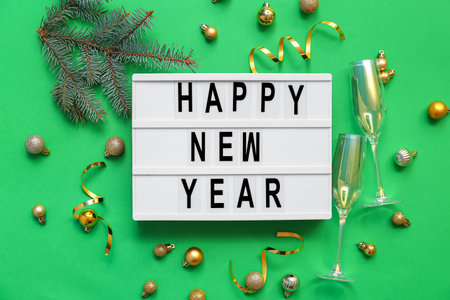 Text HAPPY NEW YEAR with Christmas tree branch, balls and glasses on green backgroundの写真素材