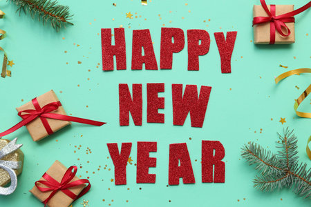 Text HAPPY NEW YEAR with Christmas tree branches and gift boxes on turquoise backgroundの写真素材