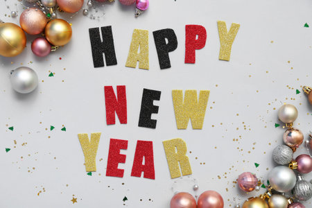Text HAPPY NEW YEAR with Christmas balls and confetti on blue background