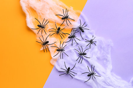Cobweb with spiders for Halloween party on colorful background
