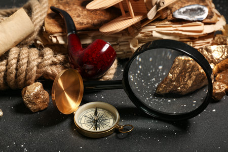 Travel equipment with smoking pipe, magnifier and golden nuggets on grunge black backgroundの写真素材