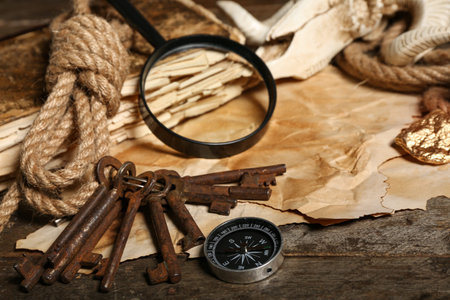 Skull of sheep with travel equipment, treasure map and golden nuggets on brown wooden background