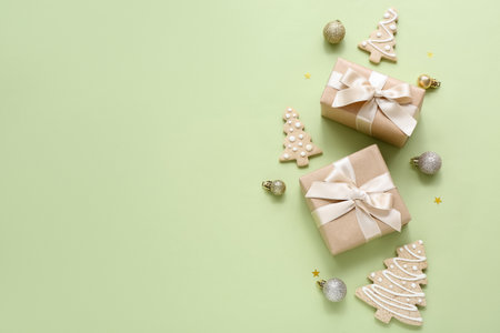 Christmas balls with gift boxes and cookies on green backgroundの写真素材