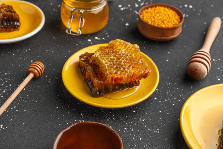Plates with sweet honeycombs on black background
