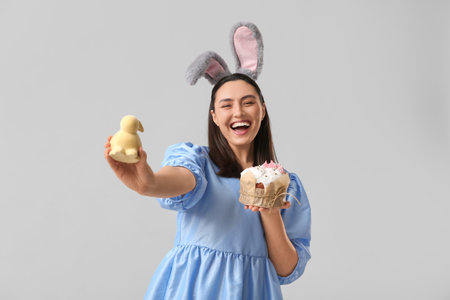 Happy young woman in bunny ears with sweet Easter cake and toy rabbit on gray background