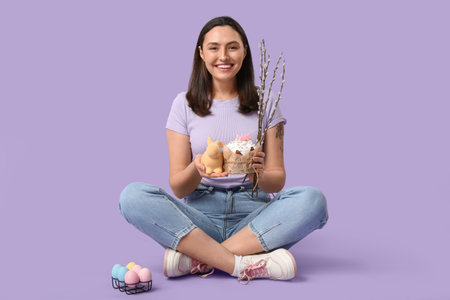 Beautiful young woman with sweet Easter cake, eggs, willow branches and toy bunny on lilac...