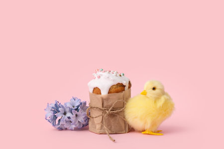 Beautiful composition of Easter cake, hyacinth and chick on pink backgroundの写真素材