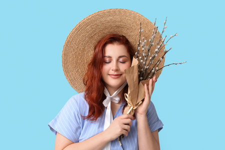 Beautiful young woman with pussy willow branches on blue background. Easter celebrationの写真素材