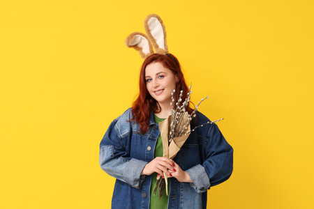 Beautiful young woman in bunny ears with pussy willow branches on yellow background. Easter...
