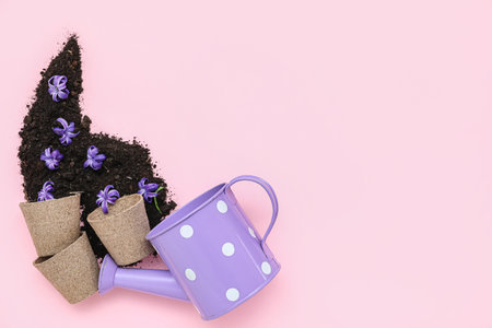 Watering can, pots, soil and flowers on pink backgroundの写真素材