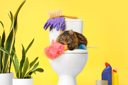 Cute cat with cleaning supplies on toilet bowl against yellow backgroundの写真素材