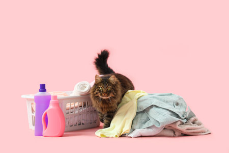 Cute cat with laundry basket and bottles of detergent on pink backgroundの写真素材