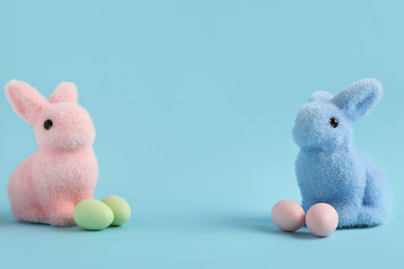 Beautiful Easter bunnies and eggs on blue backgroundの写真素材