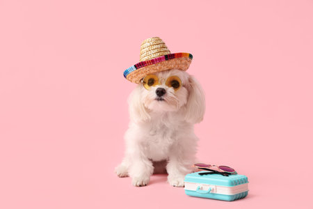 Adorable Bolognese dog in sunglasses and hat sitting with small suitcase on pink background