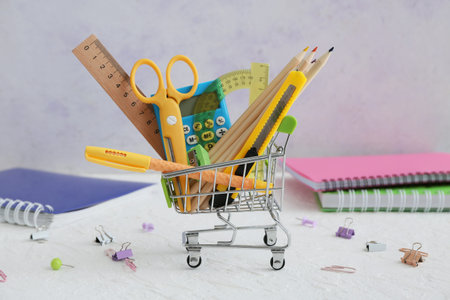 Tiny shopping cart with stationery on table against gray background