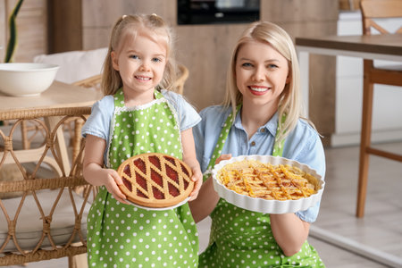 Happy mother with her little daughter and prepared apple pies in kitchenの写真素材