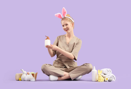 Happy female massage therapist with Easter decor and spa supplies sitting on color background