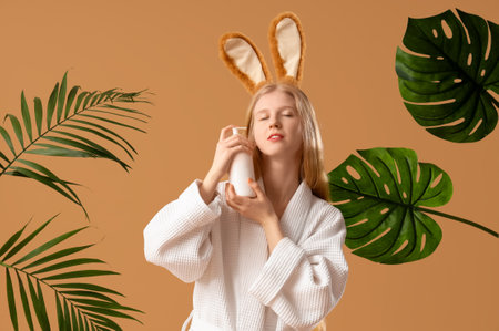 Young woman in bunny ears with bottle of cosmetic product and palm leaves on color backgroundの写真素材