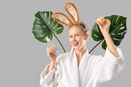 Happy young woman in bathrobe with bunny ears, cosmetic products and palm leaves on gray backgroundの写真素材