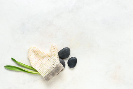 Massage glove, spa stones and plant leaves on light backgroundの写真素材
