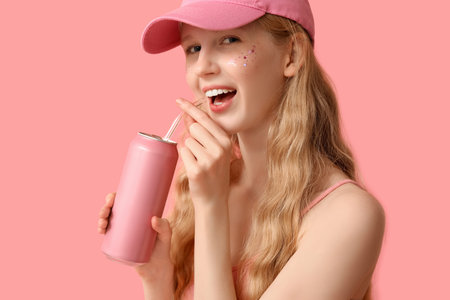 Beautiful young woman with can of soda on pink background