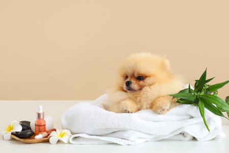 Cute Pomeranian dog with spa accessories and bamboo on table against beige backgroundの写真素材