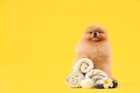 Cute Pomeranian dog with spa accessories on yellow backgroundの写真素材