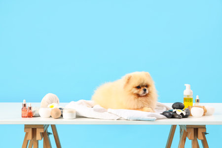 Cute Pomeranian dog with spa accessories on table against blue backgroundの写真素材