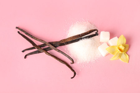 Composition with vanilla sticks, sugar and flower on pink backgroundの写真素材