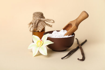 Composition with vanilla powder, extract and sticks on color backgroundの写真素材