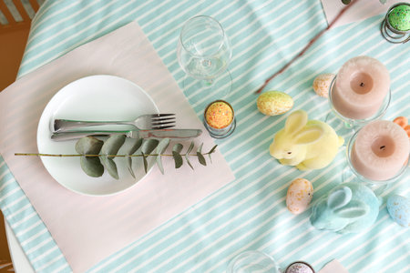 Beautiful table setting for Easter celebration, closeup