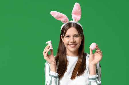 Beautiful young pregnant woman in bunny ears with toy rabbit and Easter egg on green backgroundの写真素材