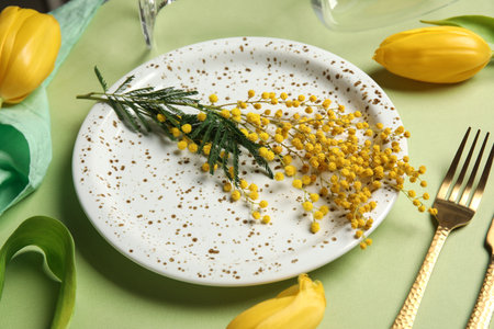 Beautiful table setting with yellow tulips and mimosa flowers on green backgroundの写真素材