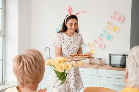 Young woman bringing pizza at Easter dinner with her family in kitchenの写真素材