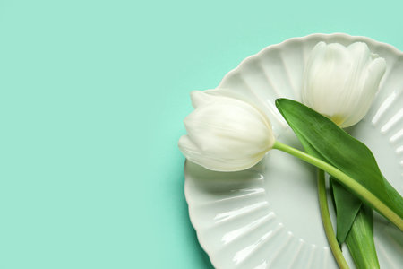 Beautiful table setting with white tulips on turquoise backgroundの写真素材
