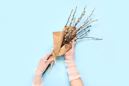 Female hands with pussy willow branches on blue background. Easter celebration