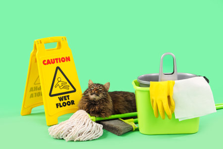 Cute cat with caution sign, mop and lying bucket on green backgroundの写真素材