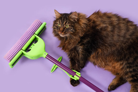 Cute cat with mop lying on lilac background, top view